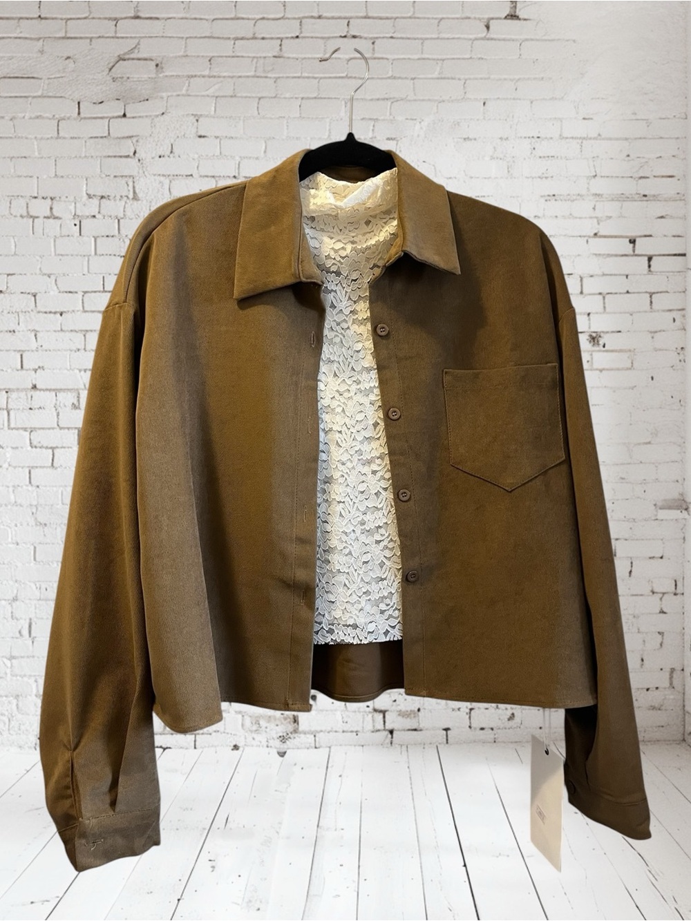 Women’s Brown Suede-Look Overshirt Cropped Jacket With Lace Inner